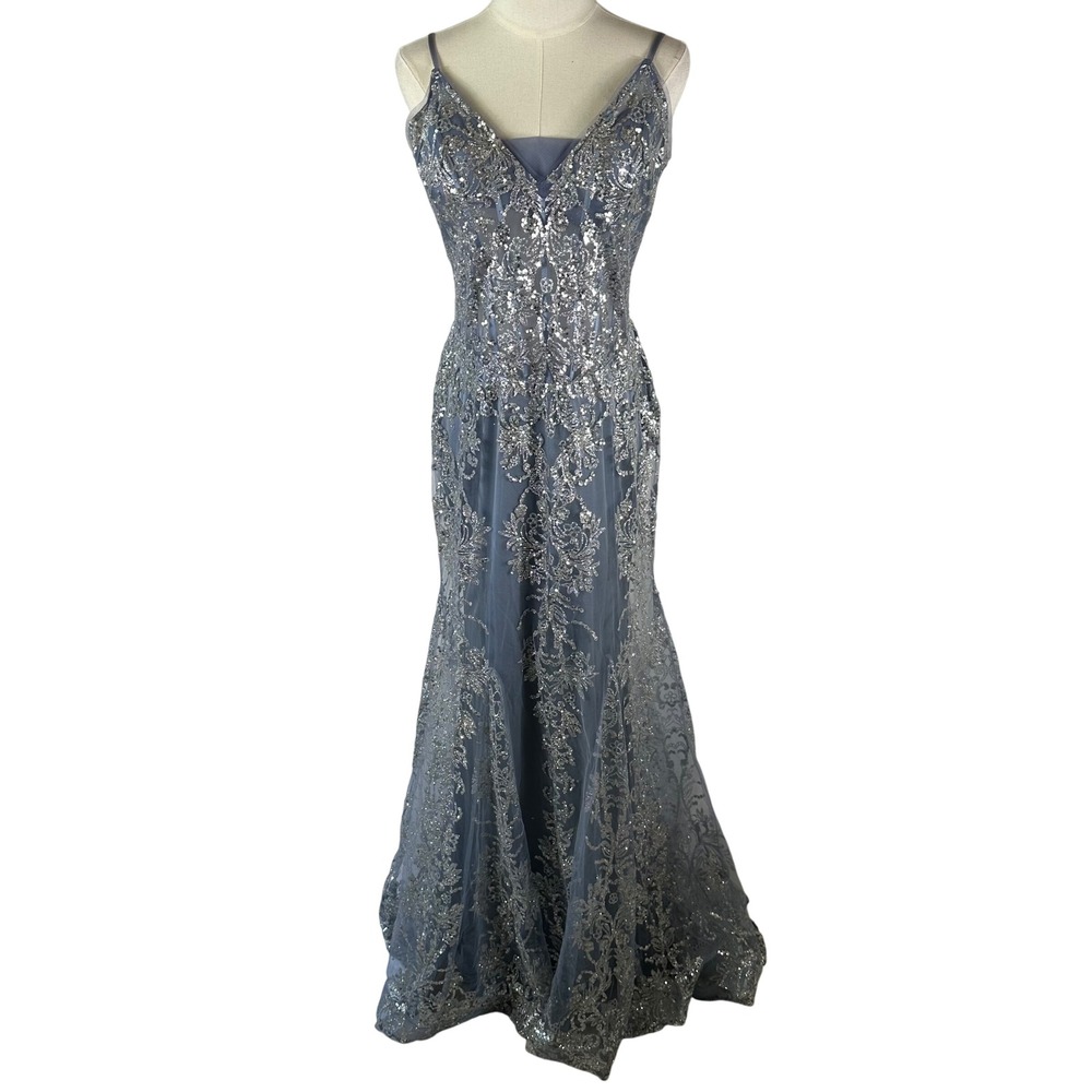 Ladivine Gown Women 16 Blue Sequin Mermaid Prom Dress Glamour Formal Eveningwear